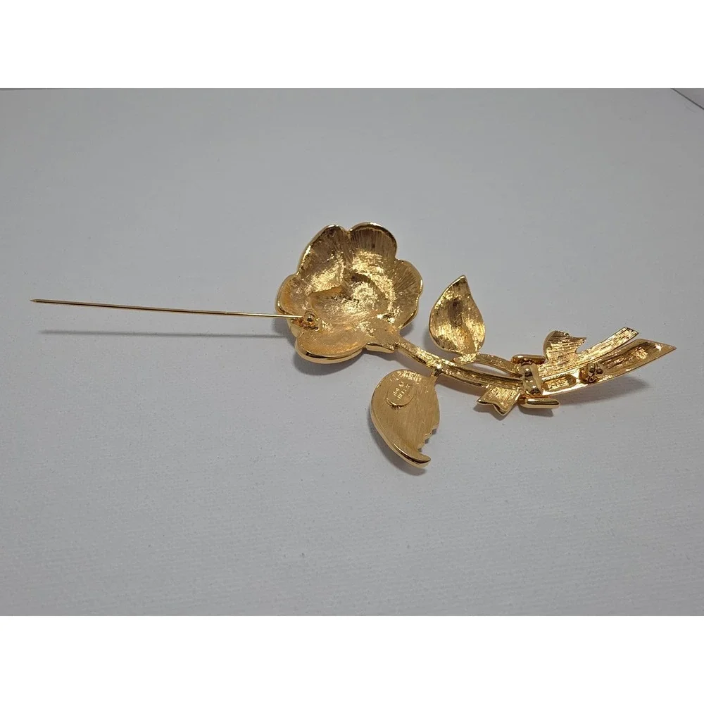 Vintage Nolan Miller Gold Tone Pave Crystal Rose Flower Brooch Pin